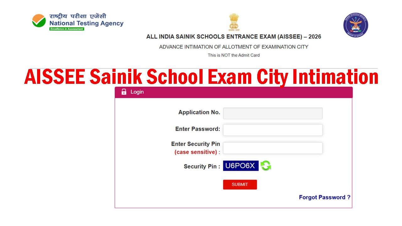 AISSEE Sainik School Exam City Intimation 2026