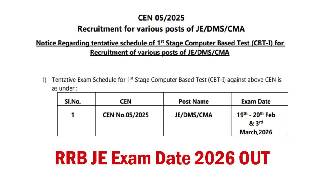 RRB JE Exam Date 2026