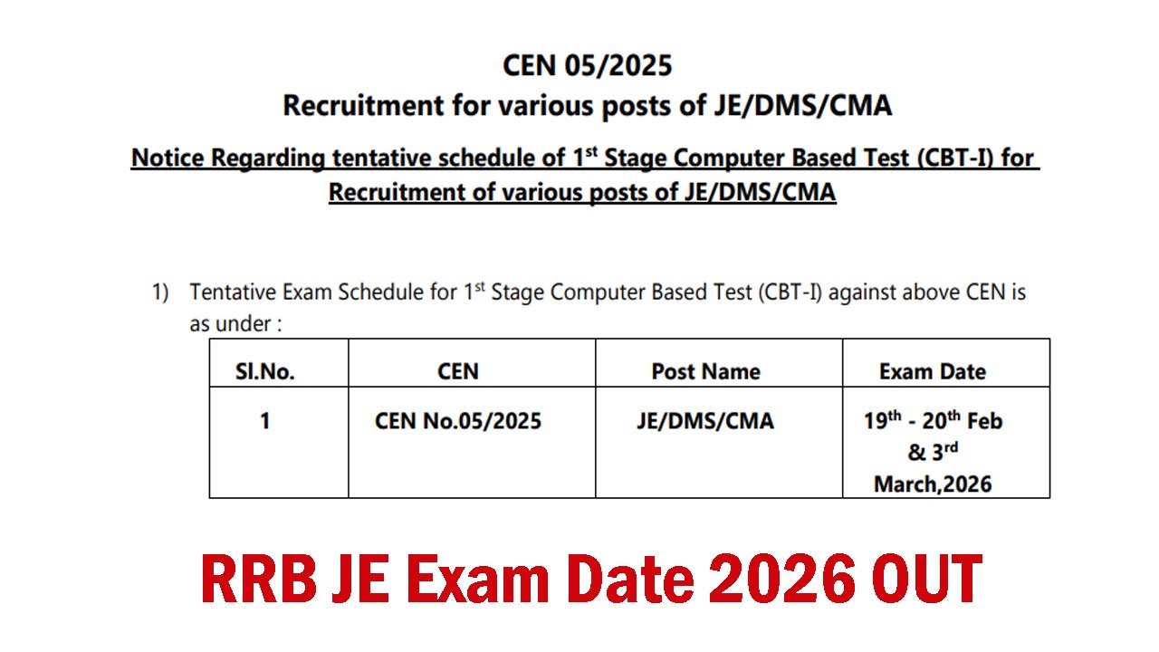 RRB JE Exam Date 2026